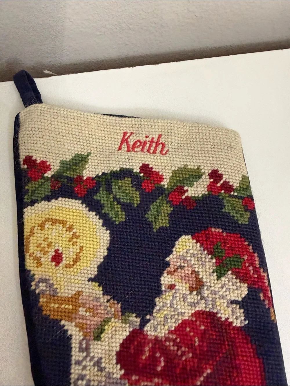 Lands End navy blue wool Needlepoint Santa Christmas Stocking Keith
